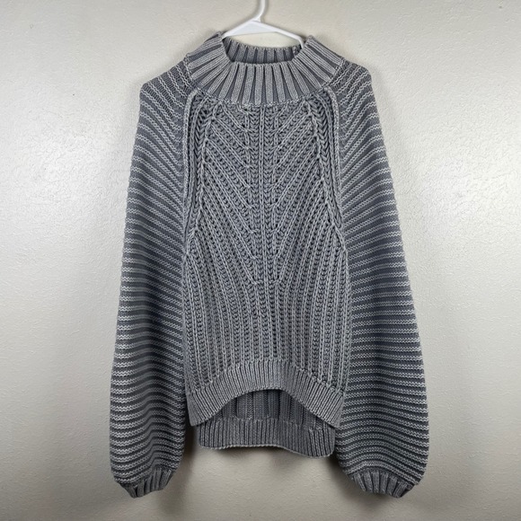 Free People Sweaters - Free People Grey Knit Mock Neck Chunky Cable Knit Sweater Size L